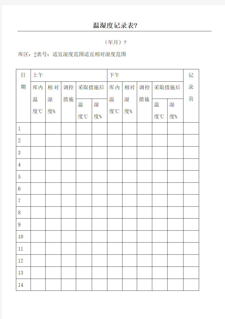 温湿度记录表格模板格