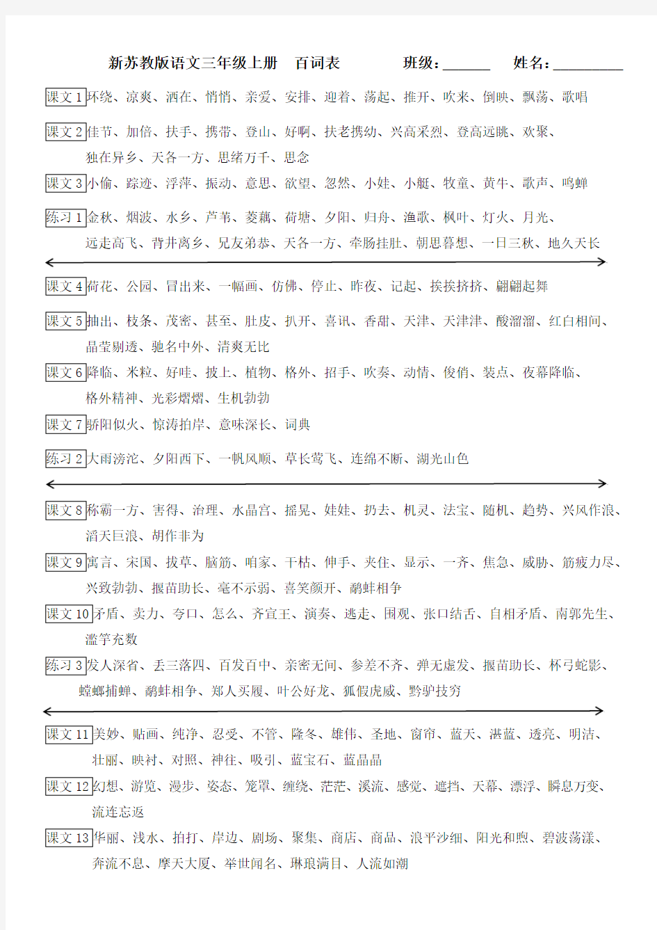 新苏教版语文三年级上学期期末复习资料百词表