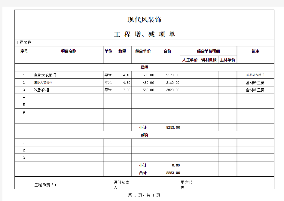 装修工程增项单