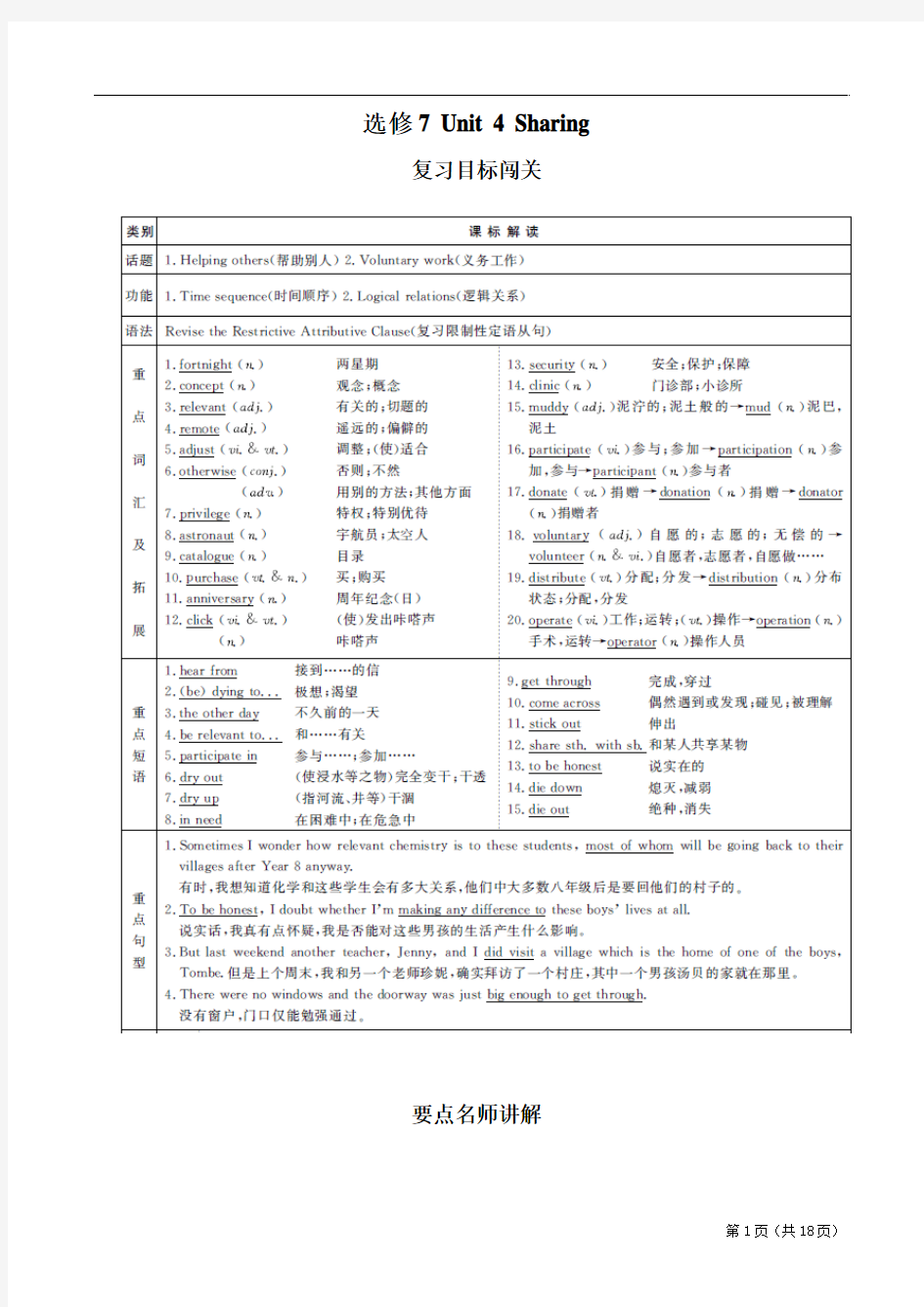 2011版英语一轮精品复习学案：选修7 Unit4 Sharing(新人教版)