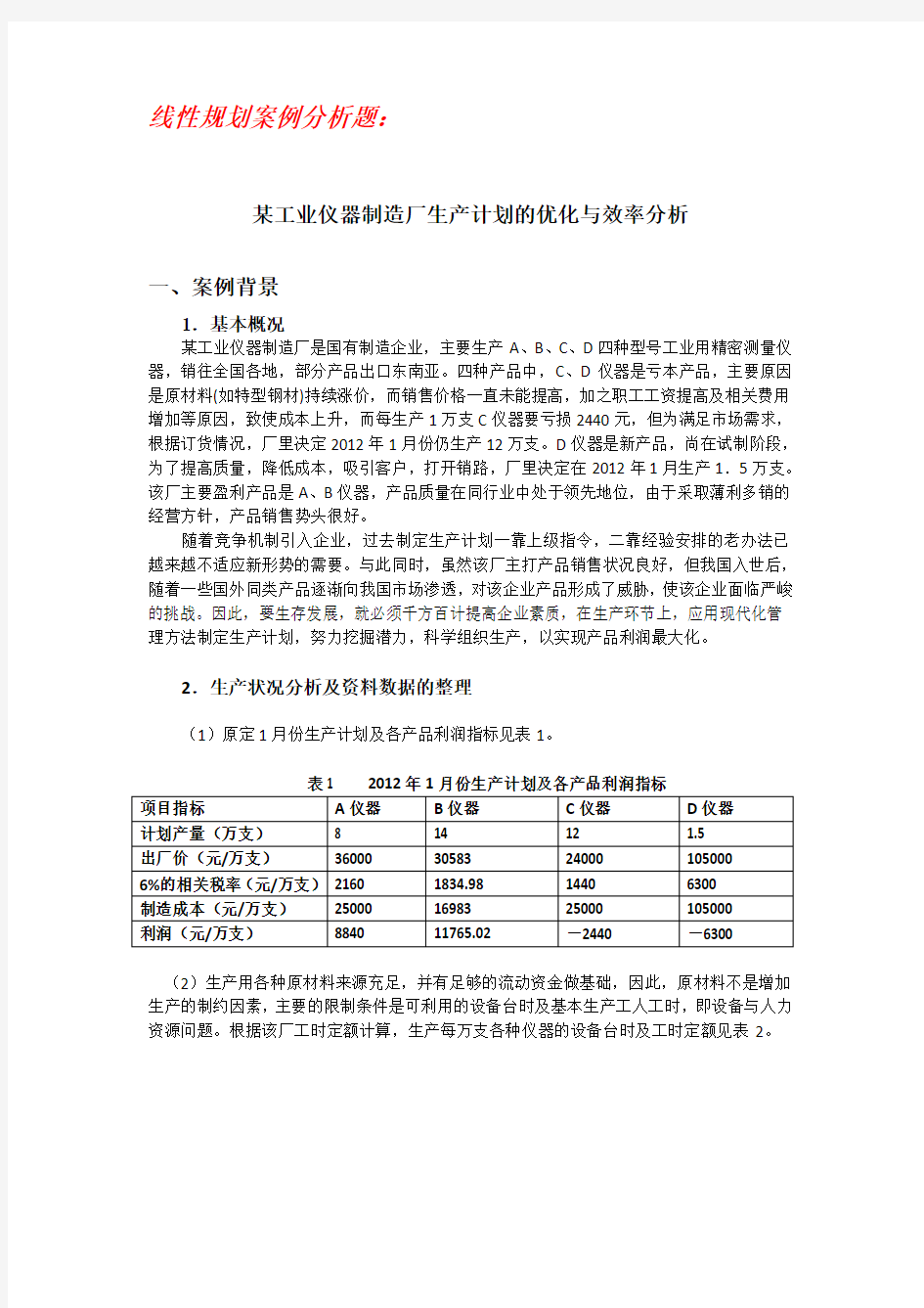 MBA线性规划案例分析题