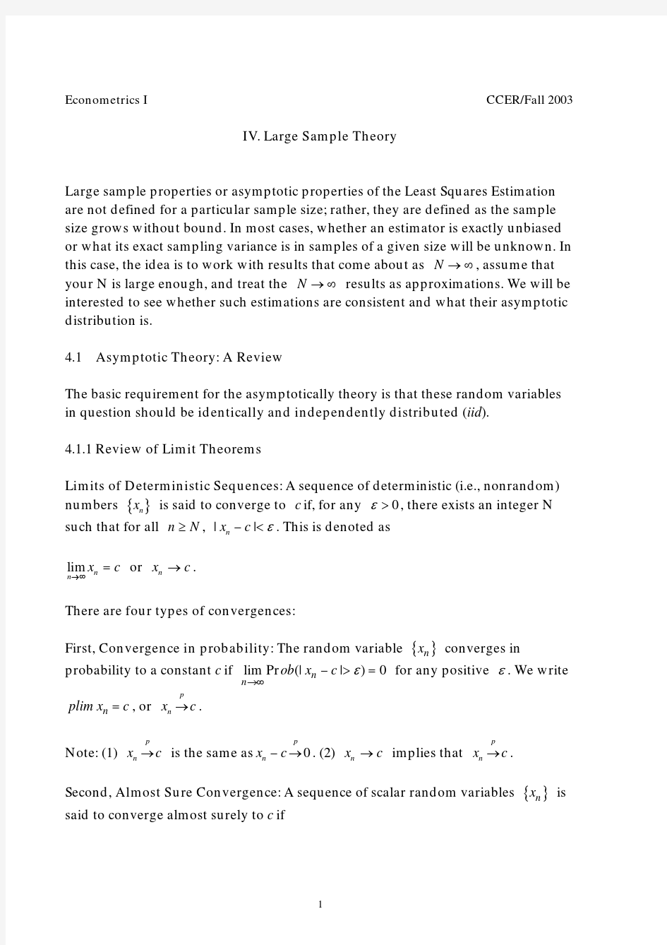 Lecture4IV. Large Sample Theory