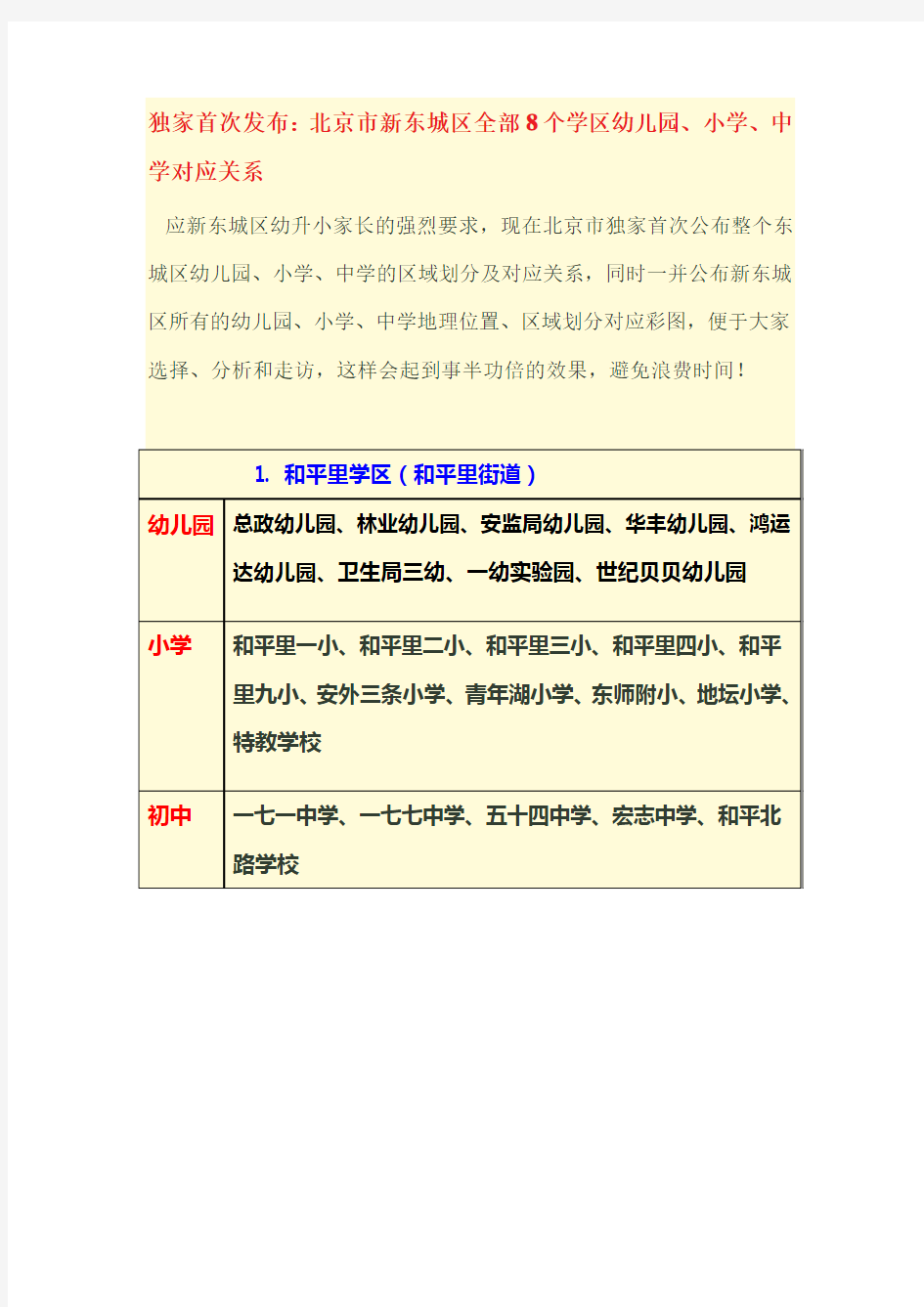 北京市新东城区全部8个学区幼儿园、小学、中学对应关系