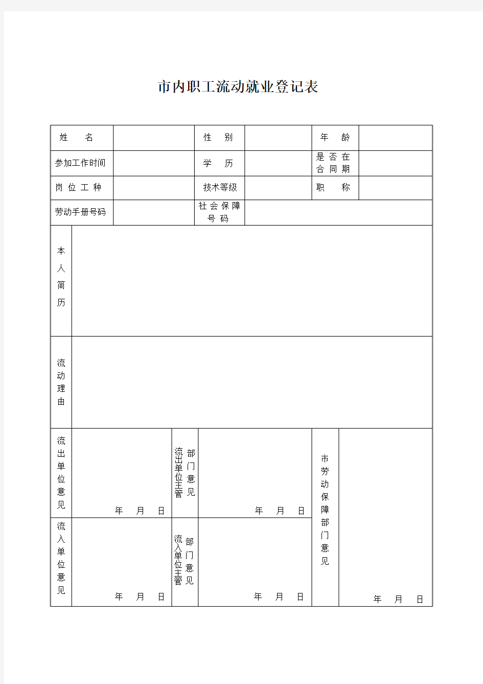 市内职工流动就业登记表