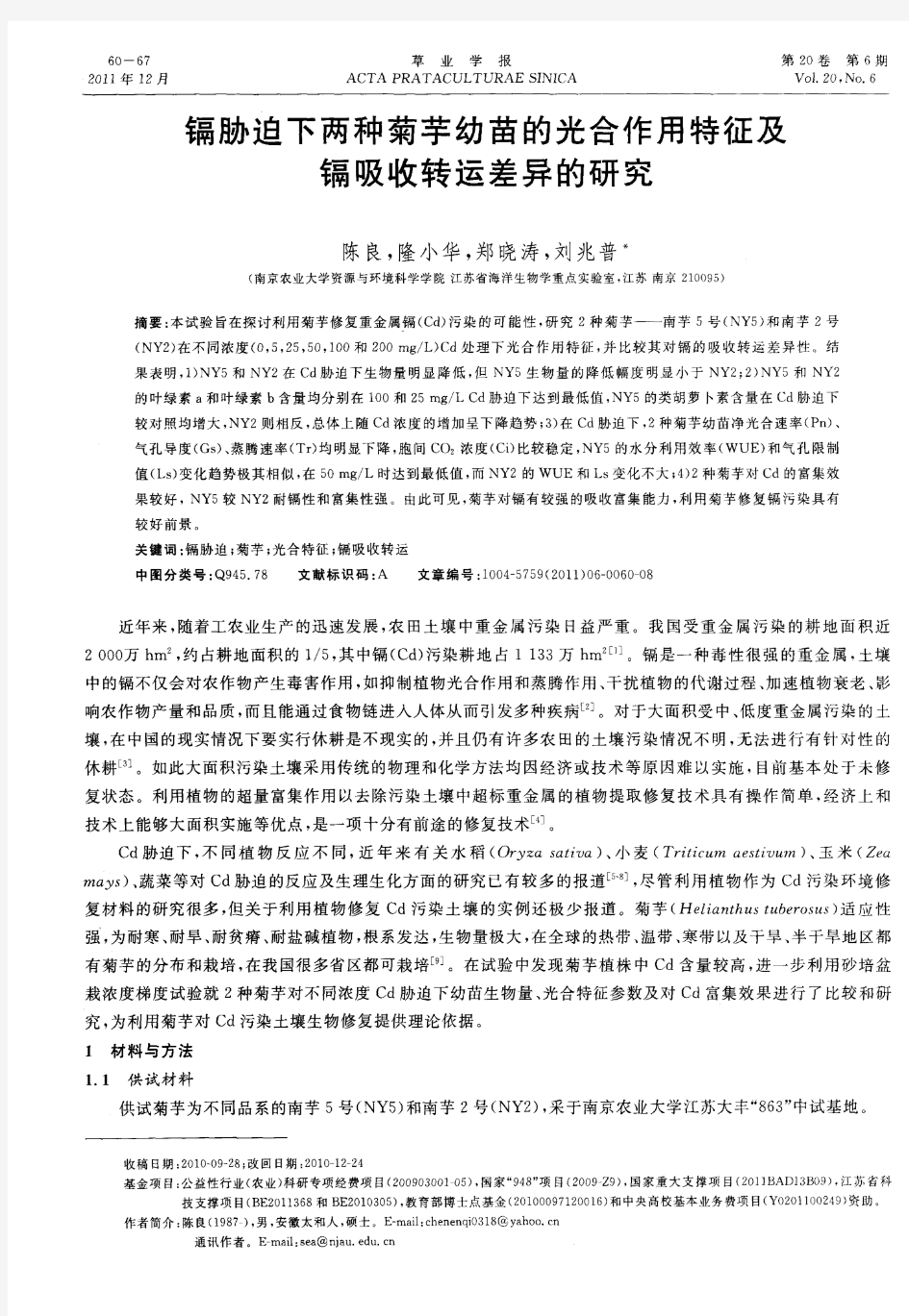 镉胁迫下两种菊芋幼苗的光合作用特征及镉吸收转运差异的研究