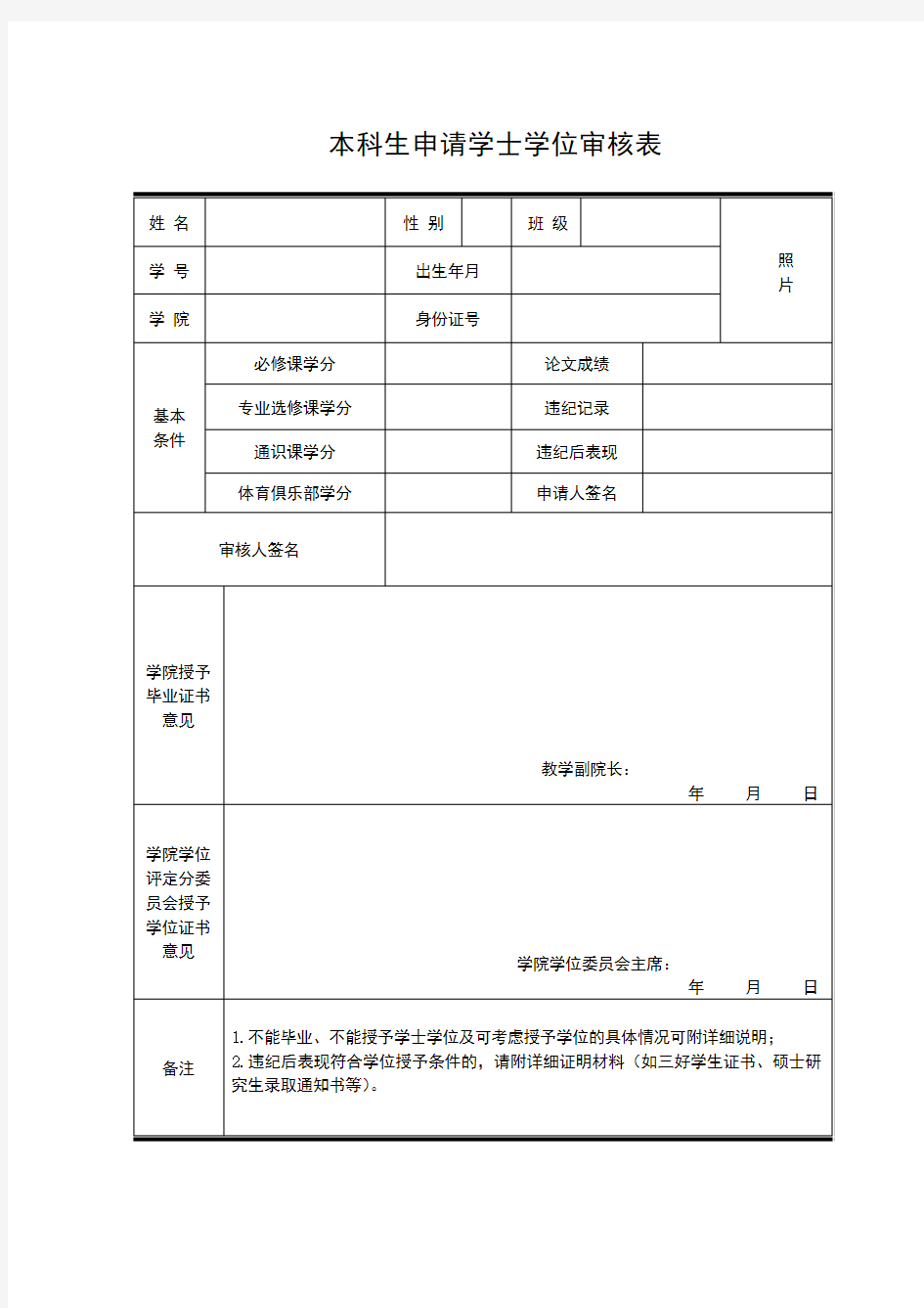 本科生申请学士学位审核表