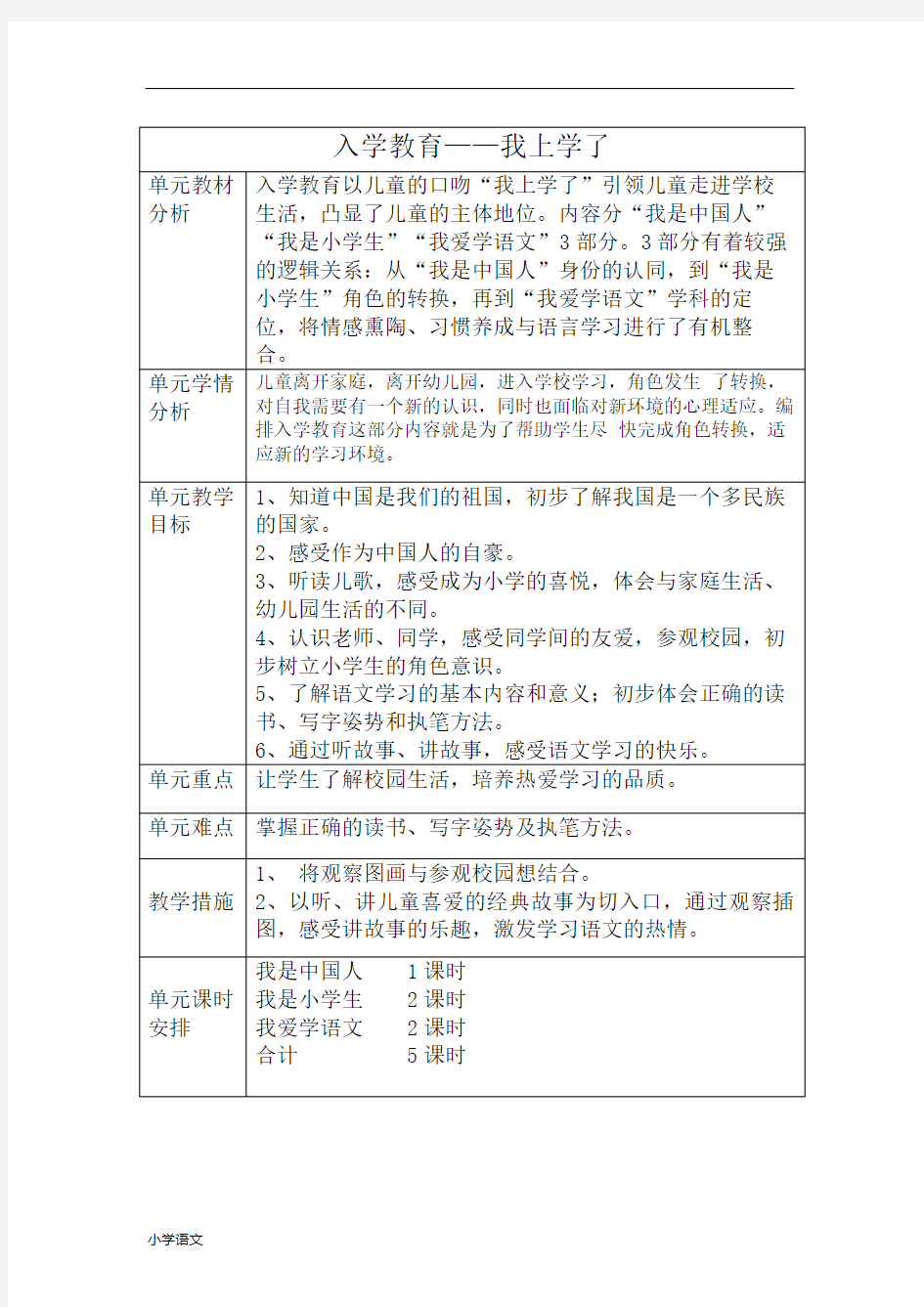 部编版一年级上册语文单元计划