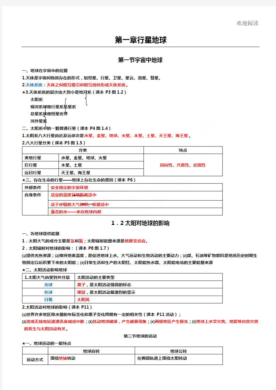 人教版新高中地理必修一知识点总结归纳