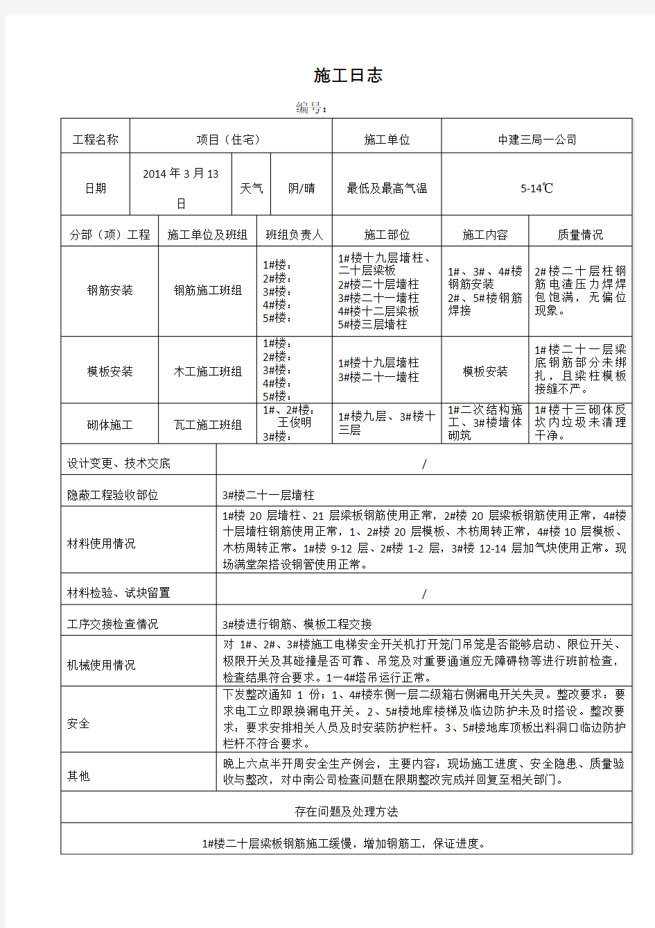 施工日志书写-参考样本