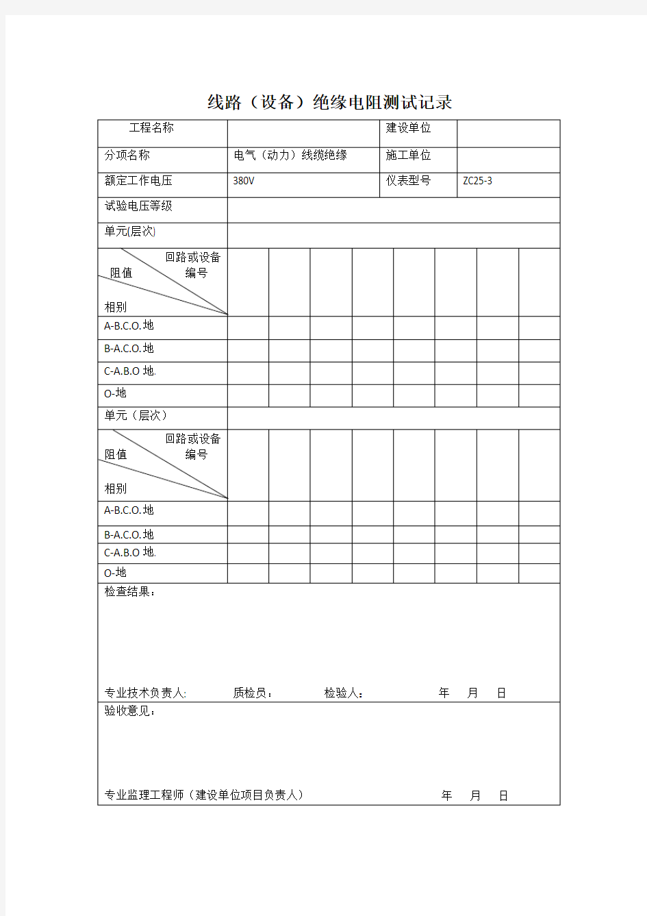 线路(设备)绝缘电阻测试记录