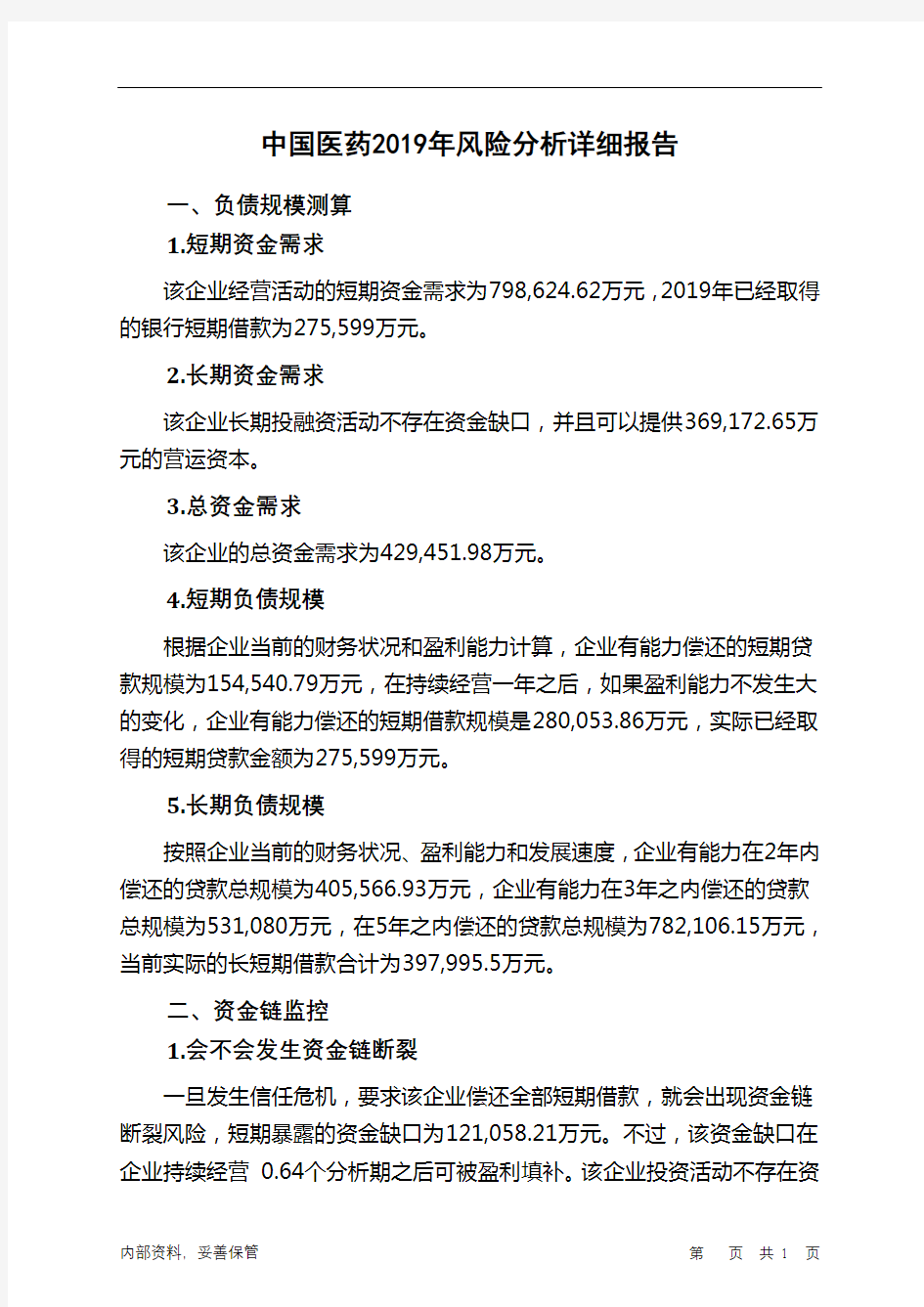 中国医药2019年财务风险分析详细报告