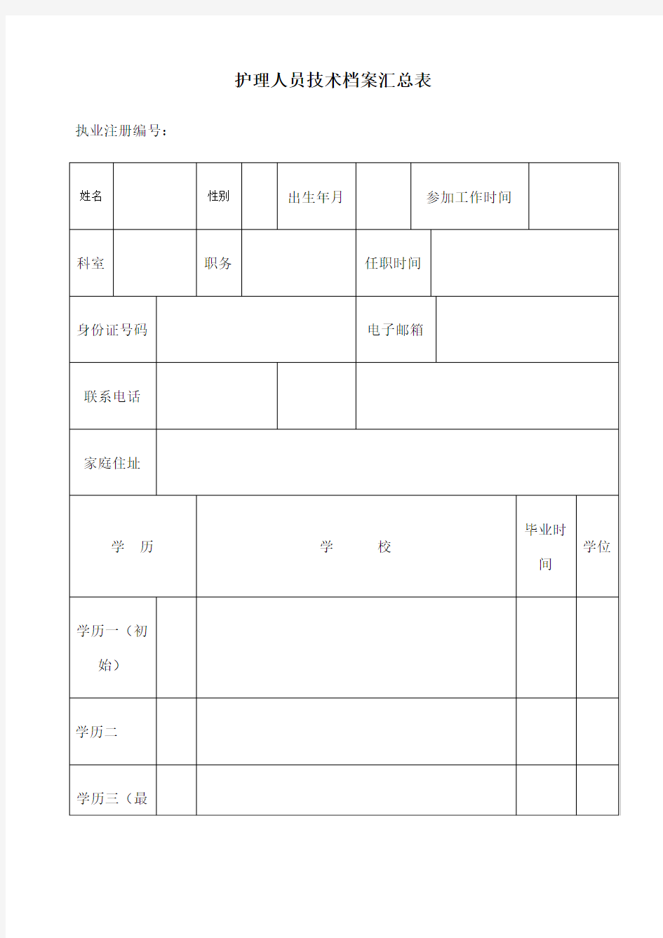 护理人员技术档案表