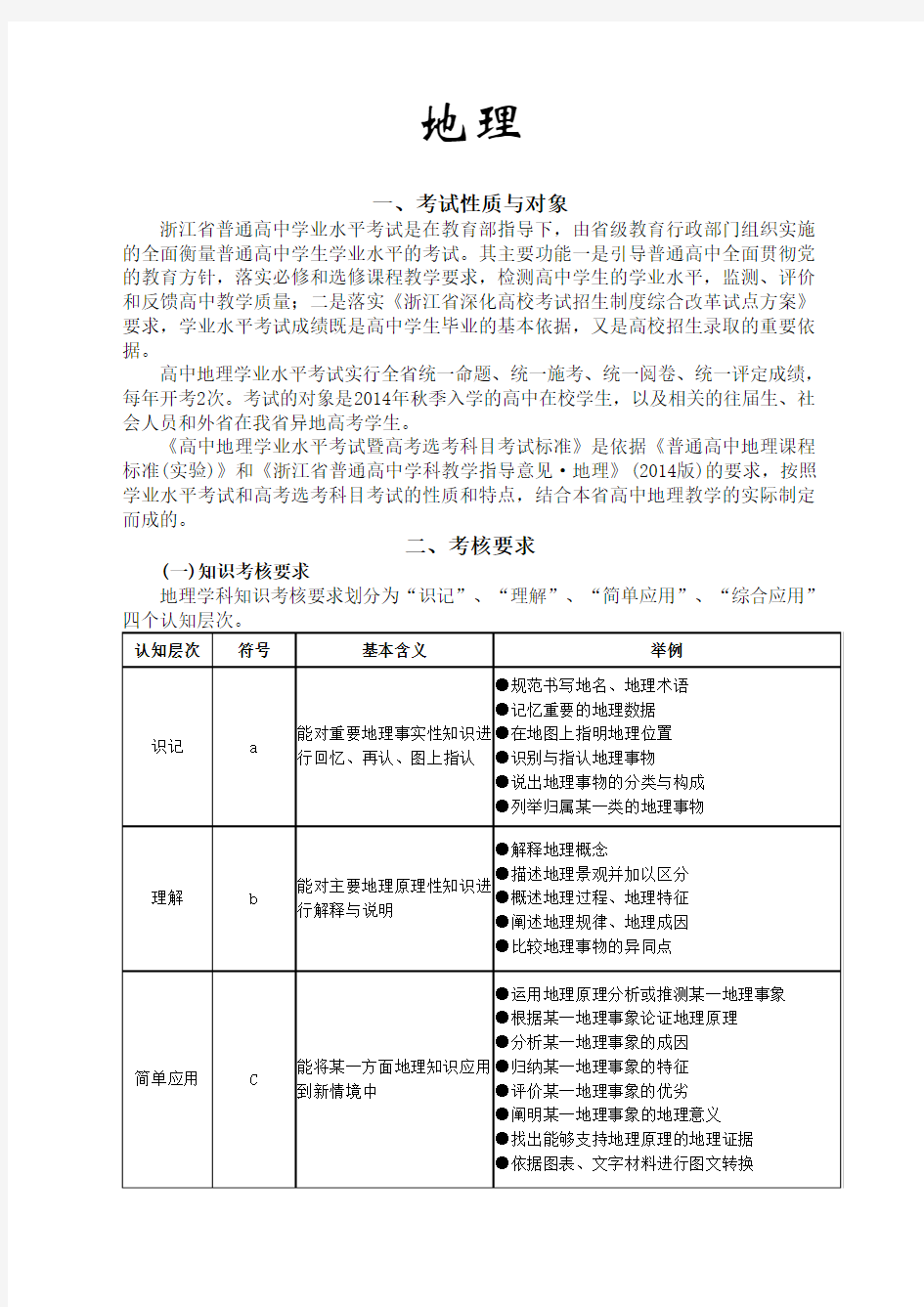 地理2017浙江新高考学考考纲考试标准word版