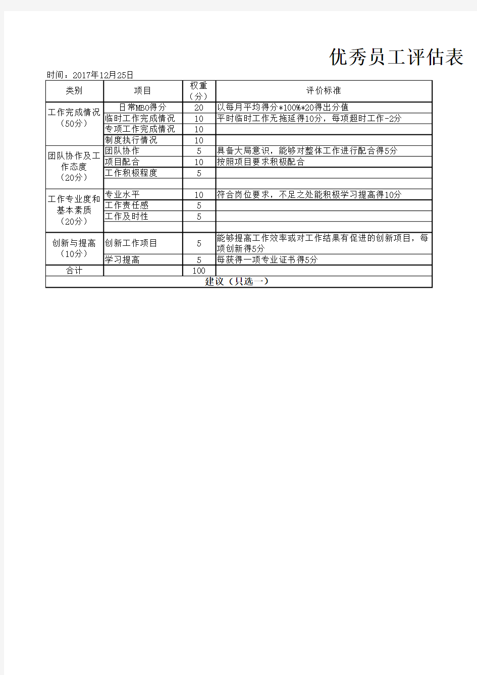 优秀员工评估表样表