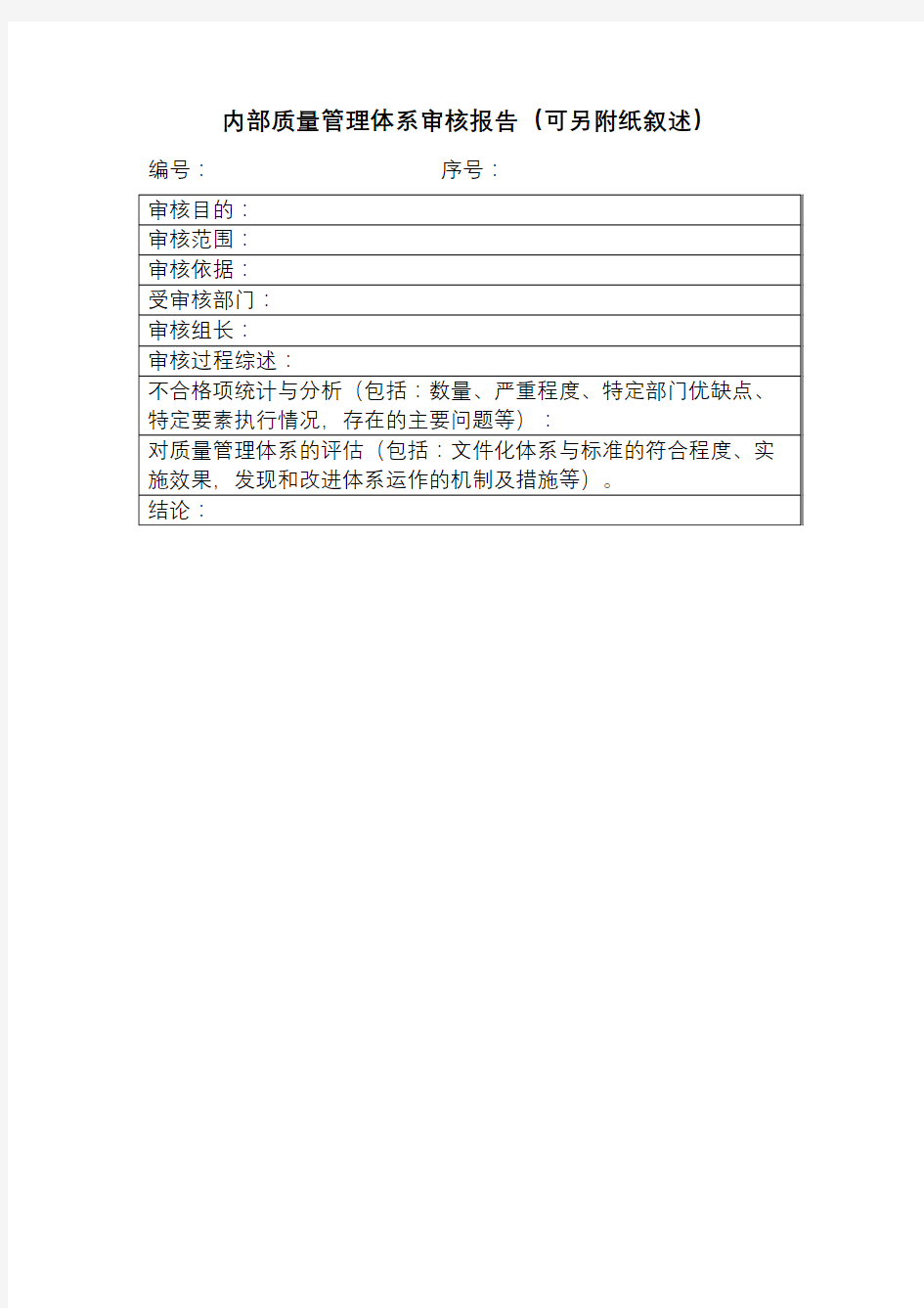 质量体系表格内部质量管理体系审核报告