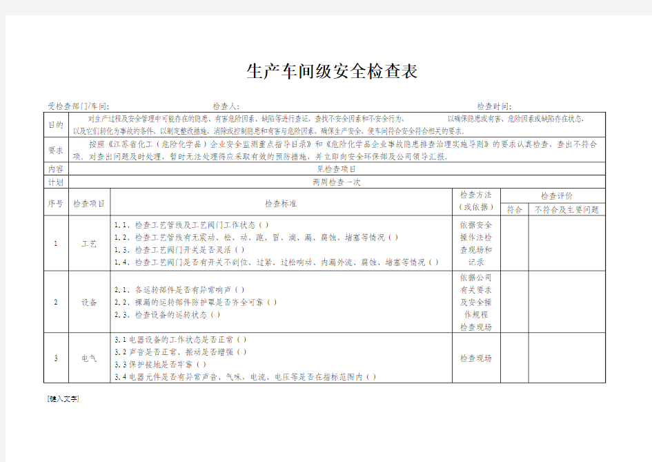 部门(车间)级安全隐患检查表