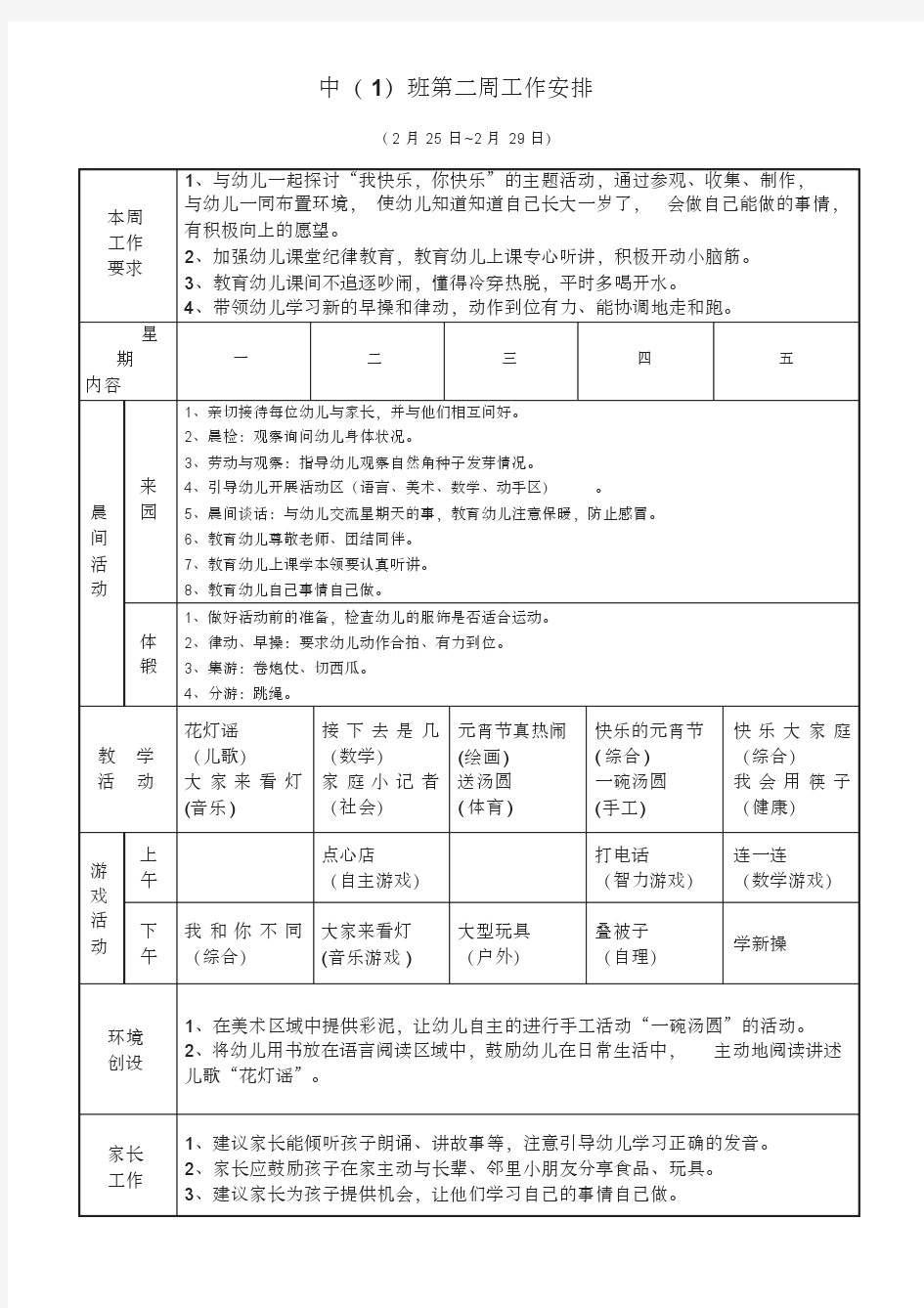 中班第二周工作安排