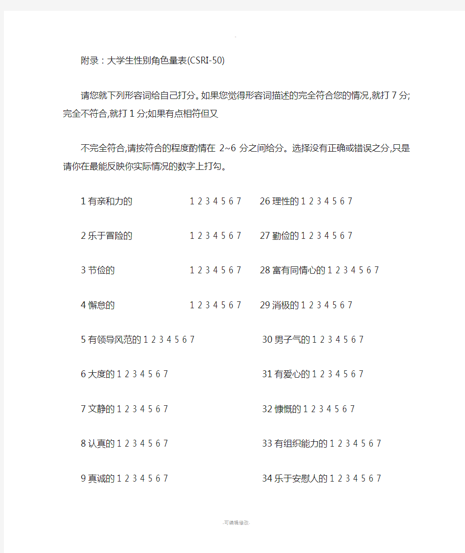 中国大学生性别角色量表CSRI-50