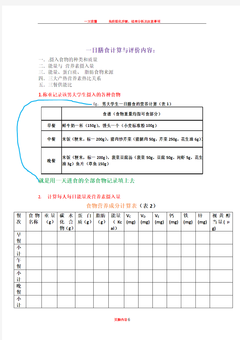 一日膳食计算与评价内容