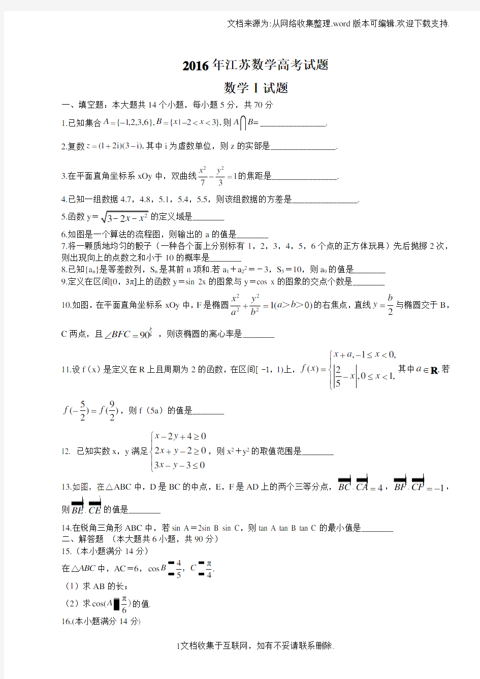 2016年江苏高考数学试题(Word版)