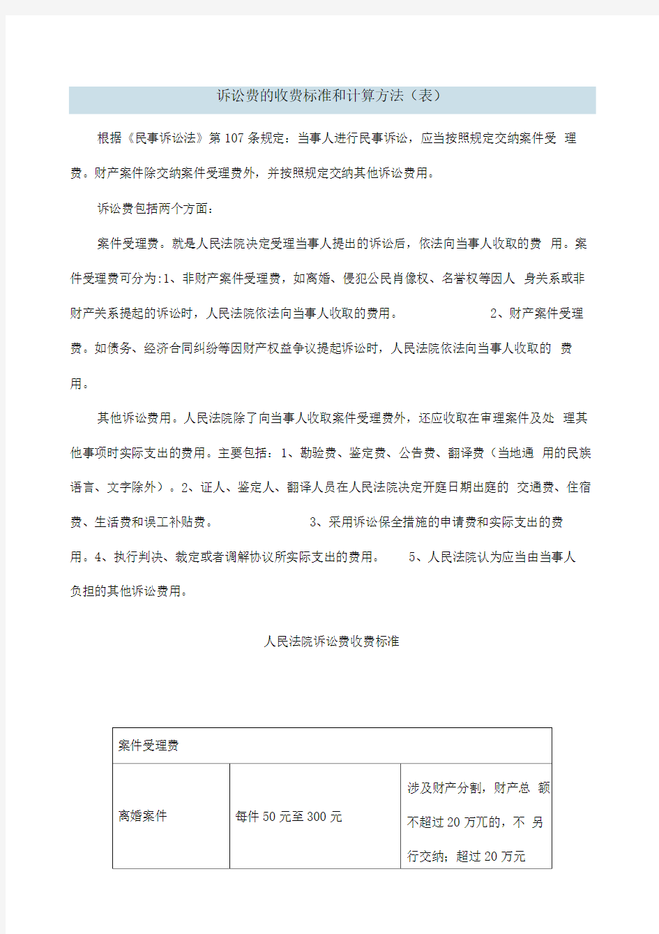 诉讼费的收费标准和计算方法