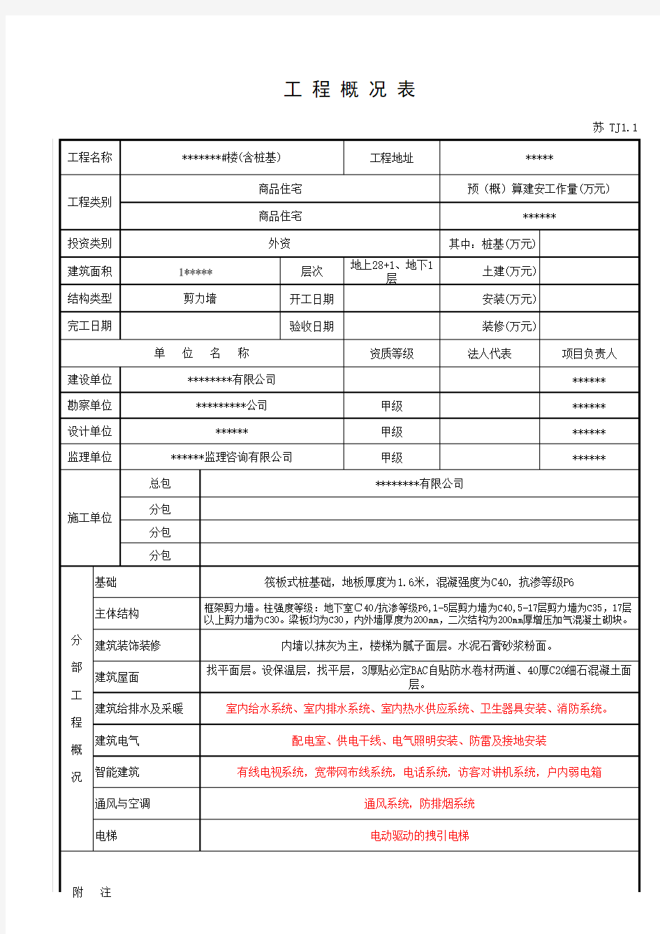 TJ1.1工程概况表