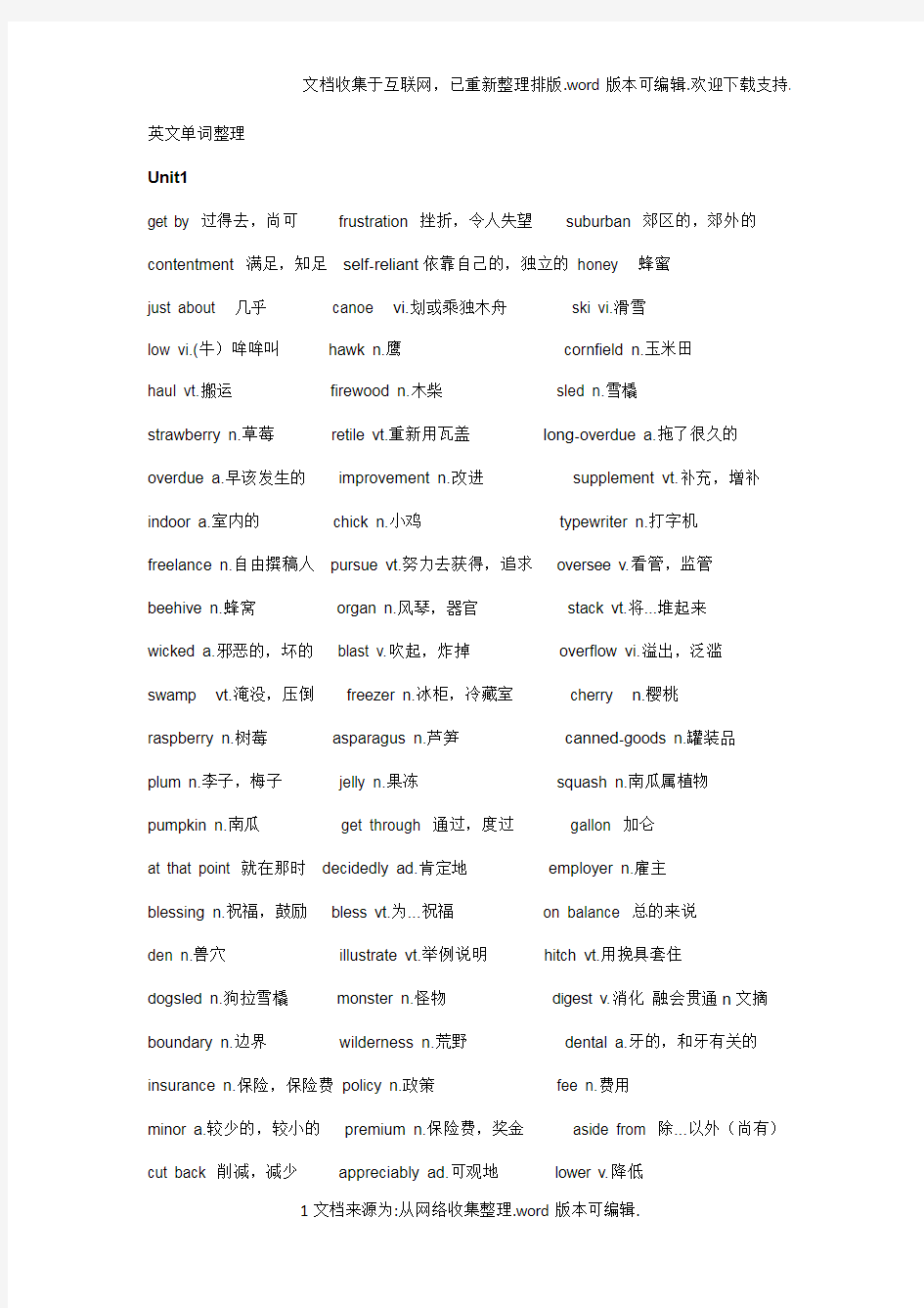 全新版大学英语3单词完整整理