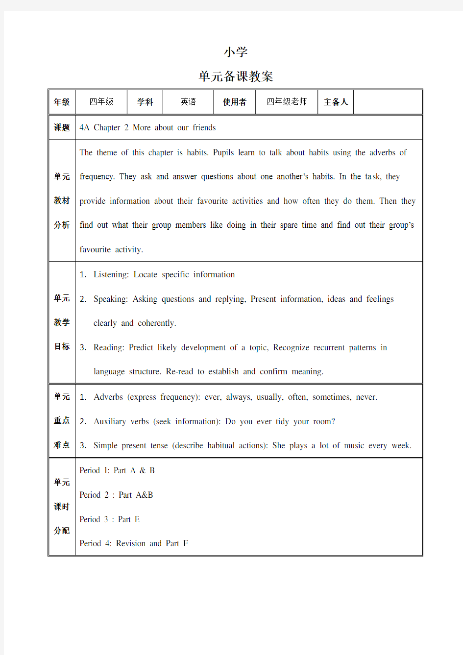 四年级英语单元备课教案