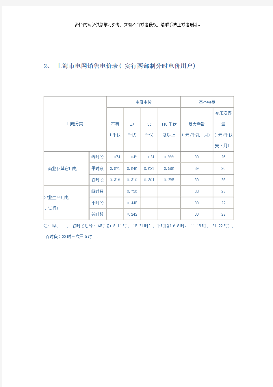 最新上海地区供电收费标准上海电价表模板