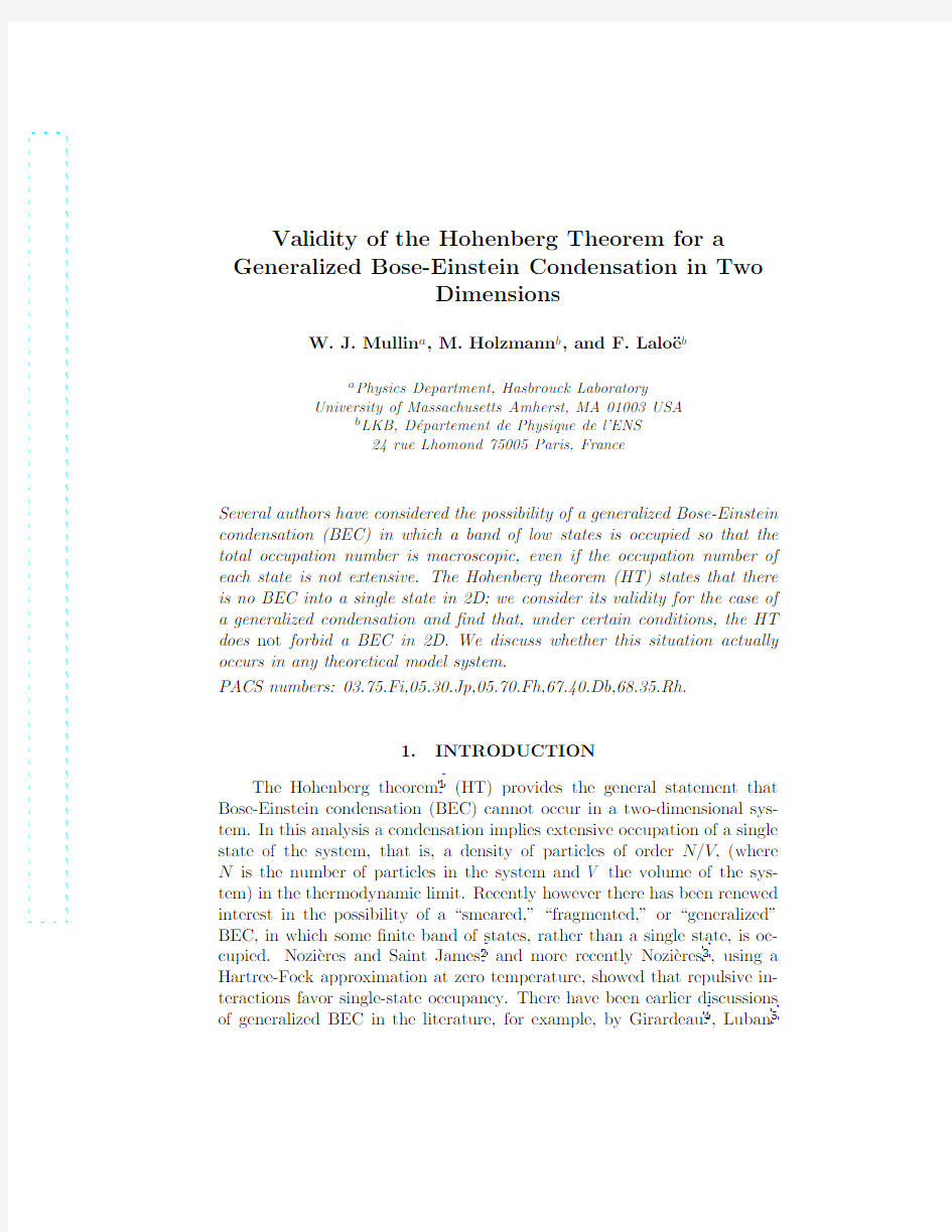 Validity of the Hohenberg Theorem for a Generalized Bose-Einstein Condensation in Two Dimen