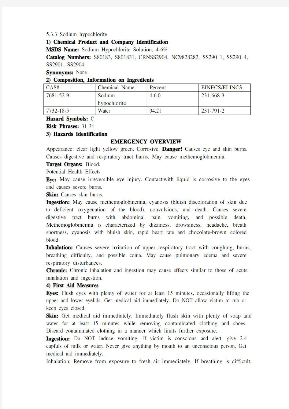 化学品安全技术说明MSDS-次氯酸钠(中英文对照版本)