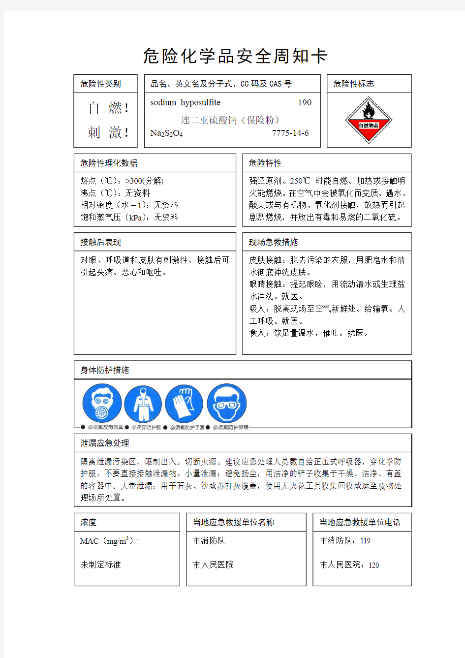 保险粉(危险化学品安全周知卡)