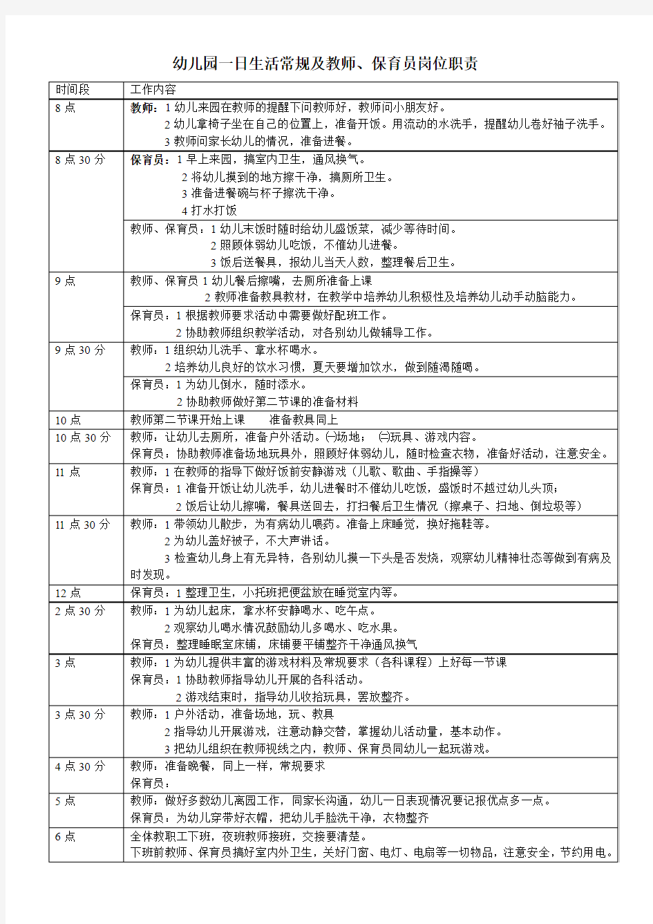 幼儿园一日生活常规及老师、保育员工作职责