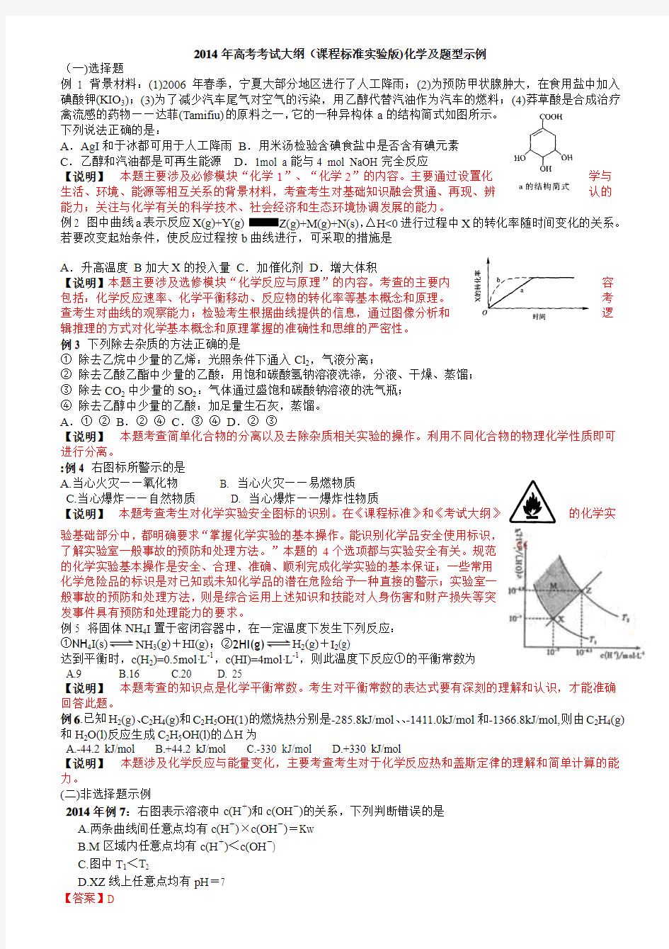 2014年新课标考试说明理综化学部分题型示例含有答案_适合新课程改革地区