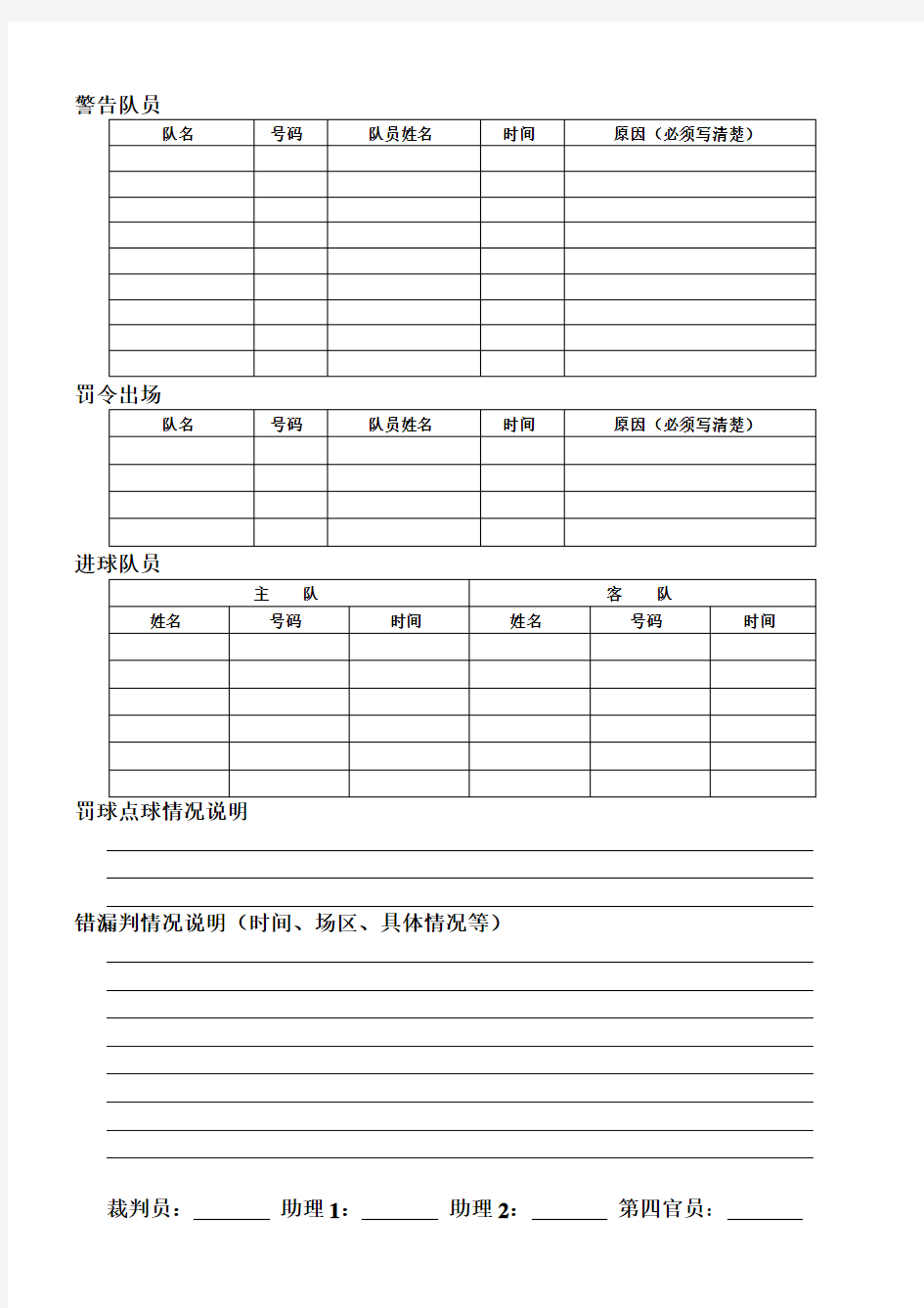 足球比赛专用表格——裁判员报告表