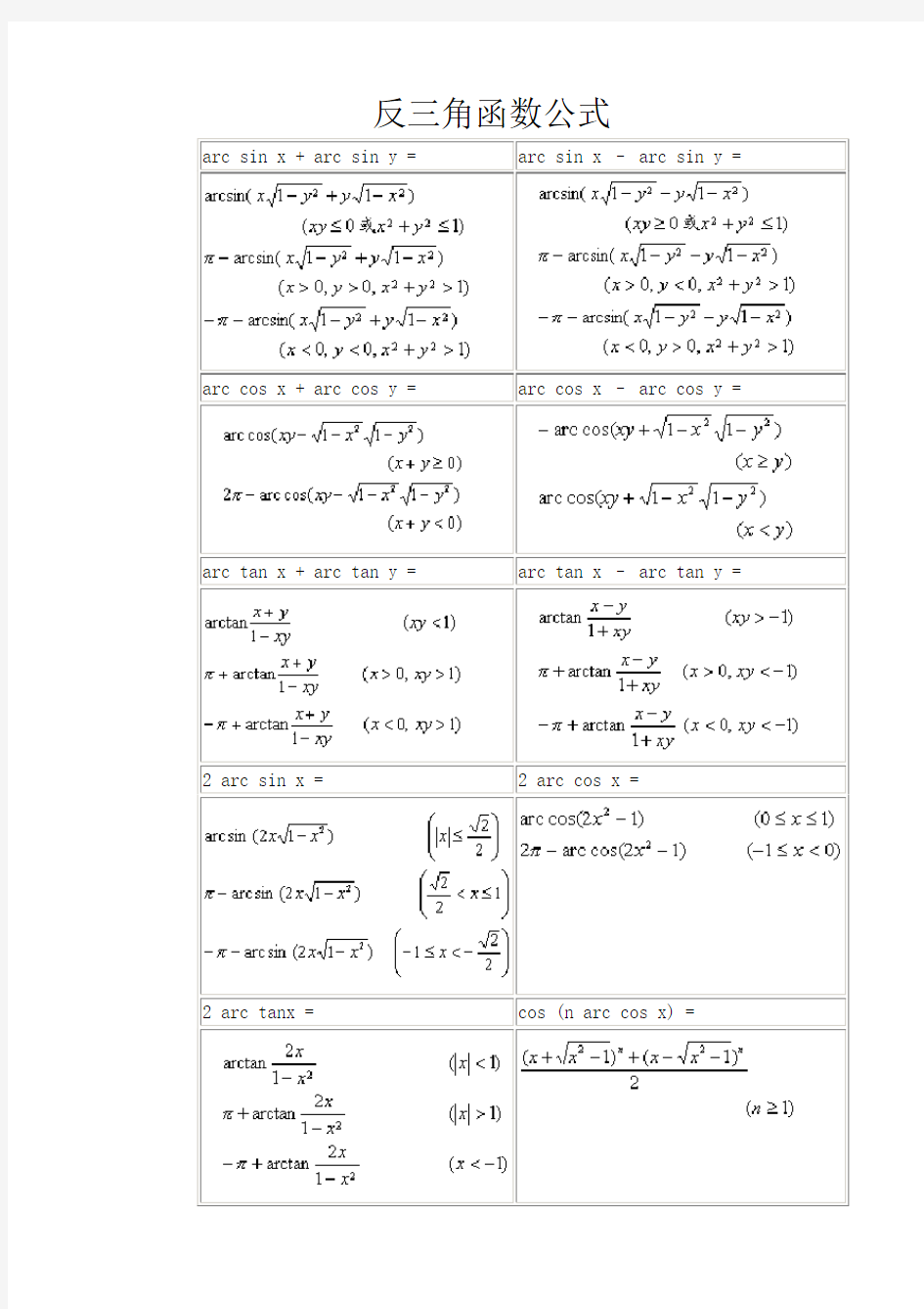 常用反三角函数公式