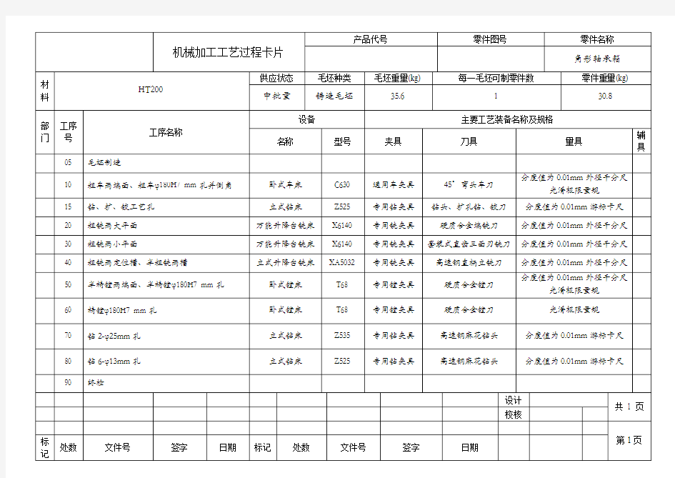 角形轴承箱机械加工工艺过程卡片