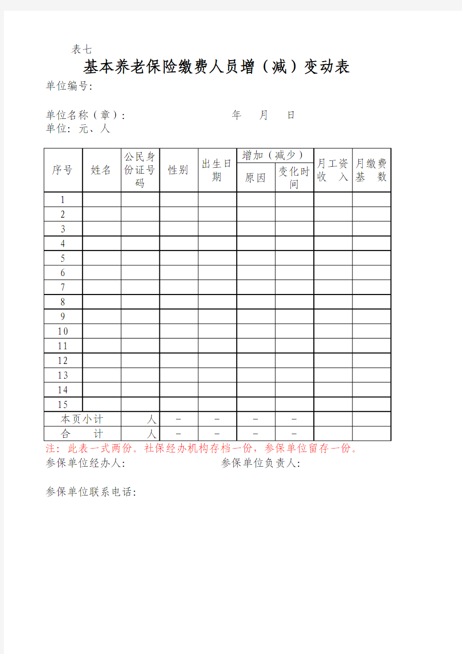 基本养老保险缴费人员增减变动表