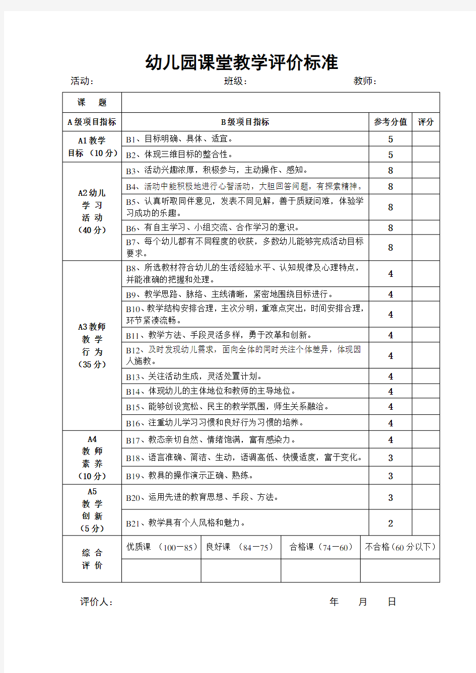 幼儿园课堂教学评分表