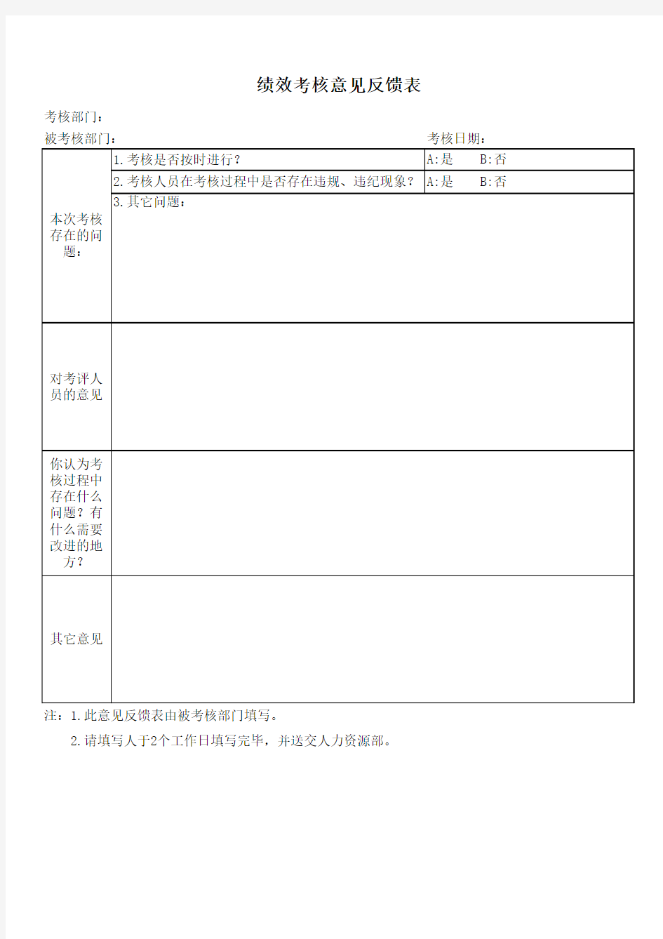 绩效考核意见反馈表