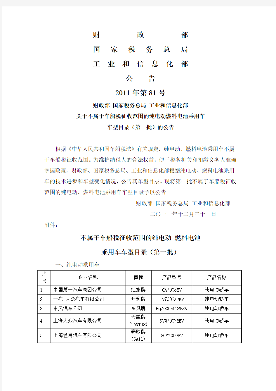 不属于车船税征收范围的纯电动 燃料电池乘用车车型目录(第一批)(财政部税务总局工信部公告2011年第81号)