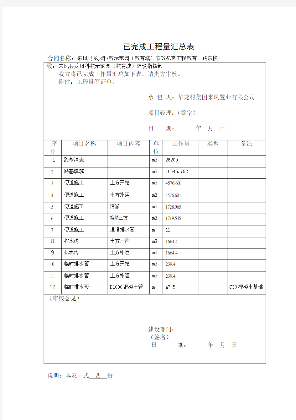 已完成工程量汇总表