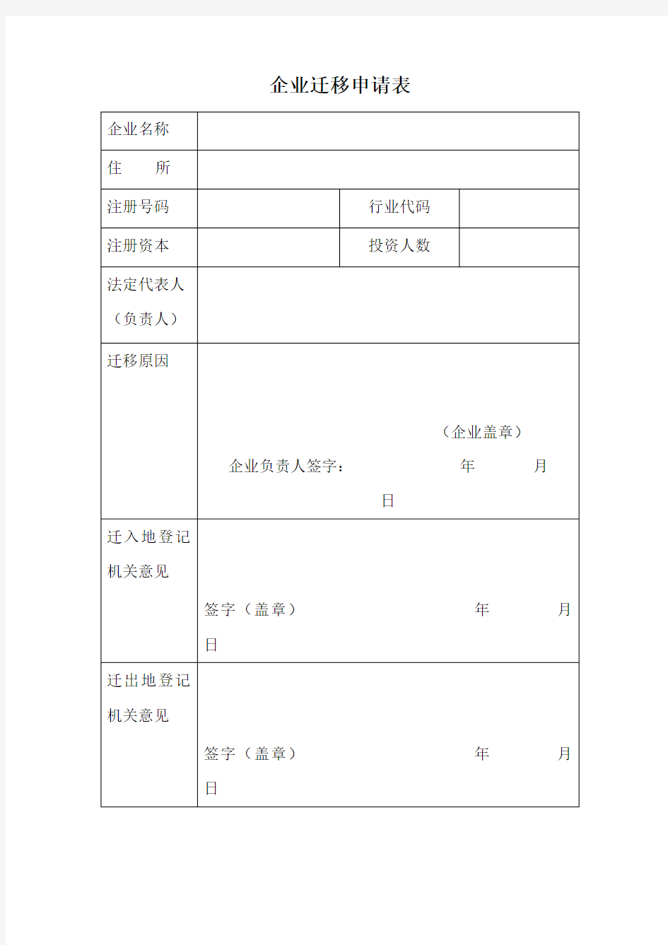 企业迁移申请表