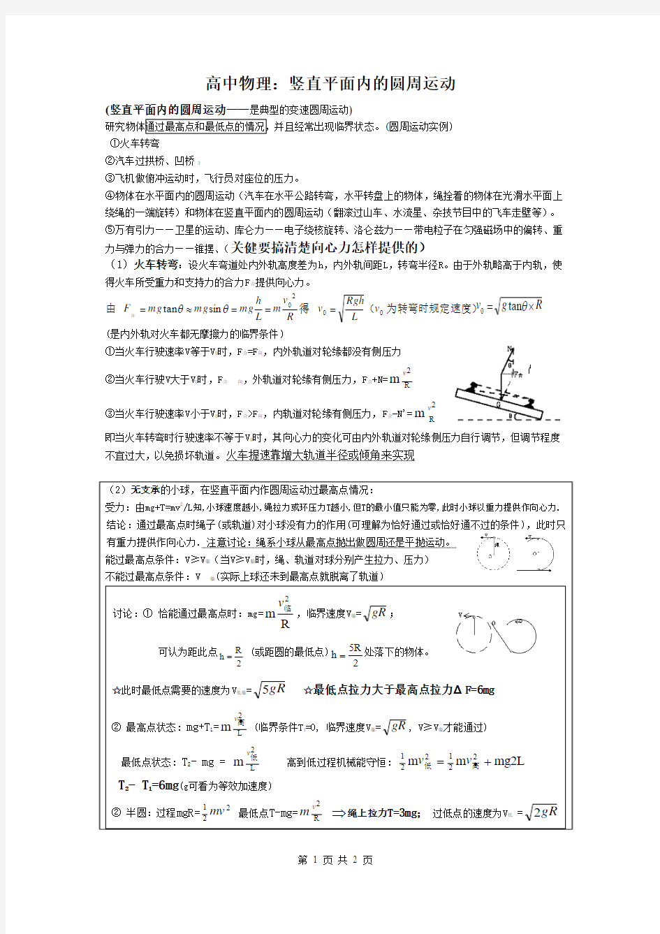 高中物理：竖直平面内的圆周运动