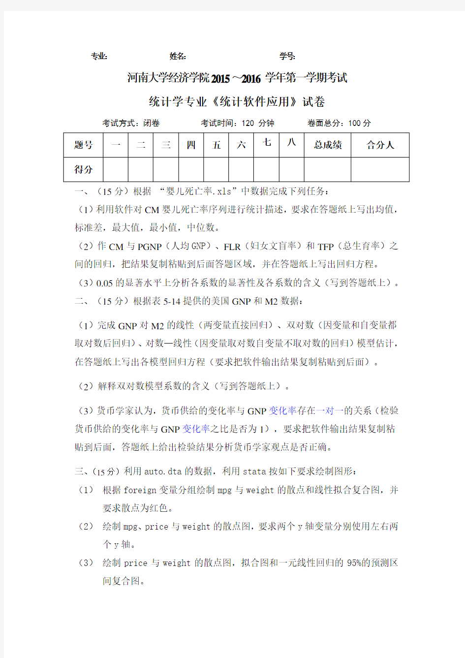 统计软件应用考试试题doc资料