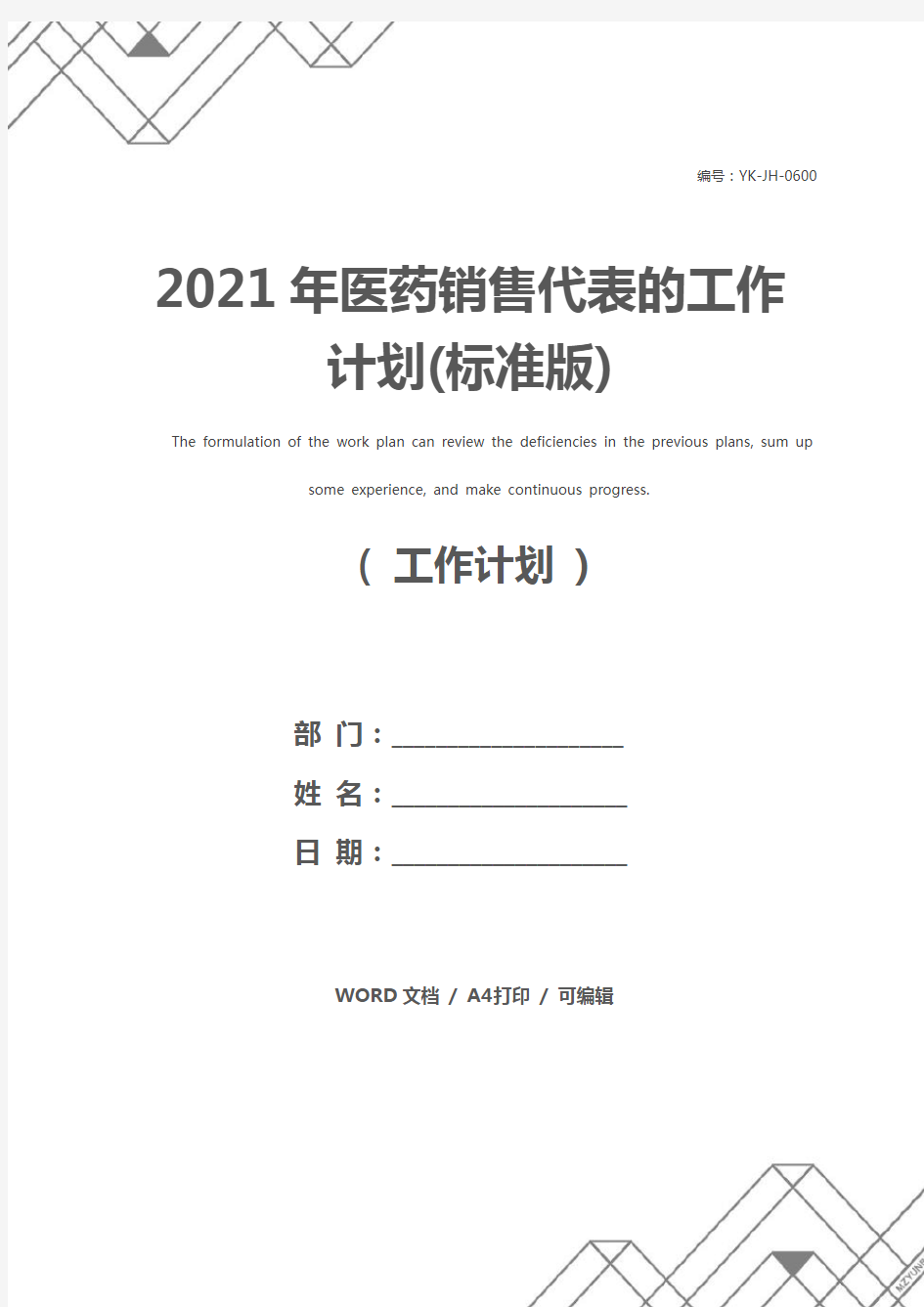 2021年医药销售代表的工作计划(标准版)
