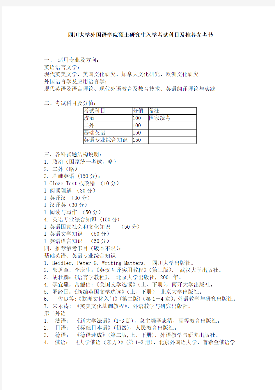 四川大学外国语学院研究生入学考试科目及推荐参考书