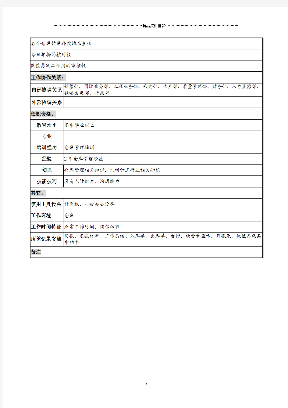 某公司仓储部低值易耗品管理岗位说明书