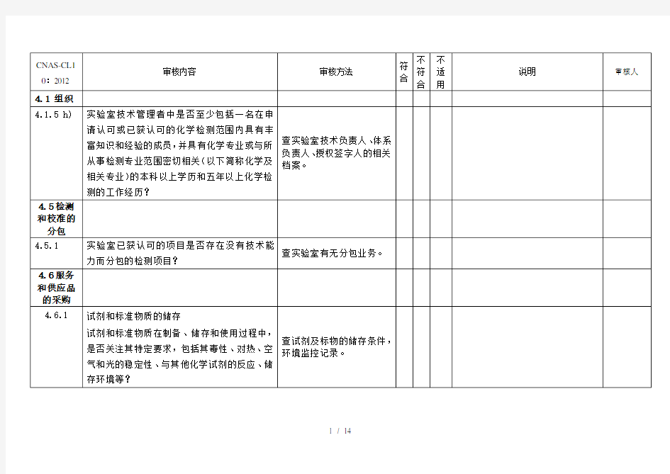 实验室认可内审检查表(C化学实验室NAS-CL10)剖析