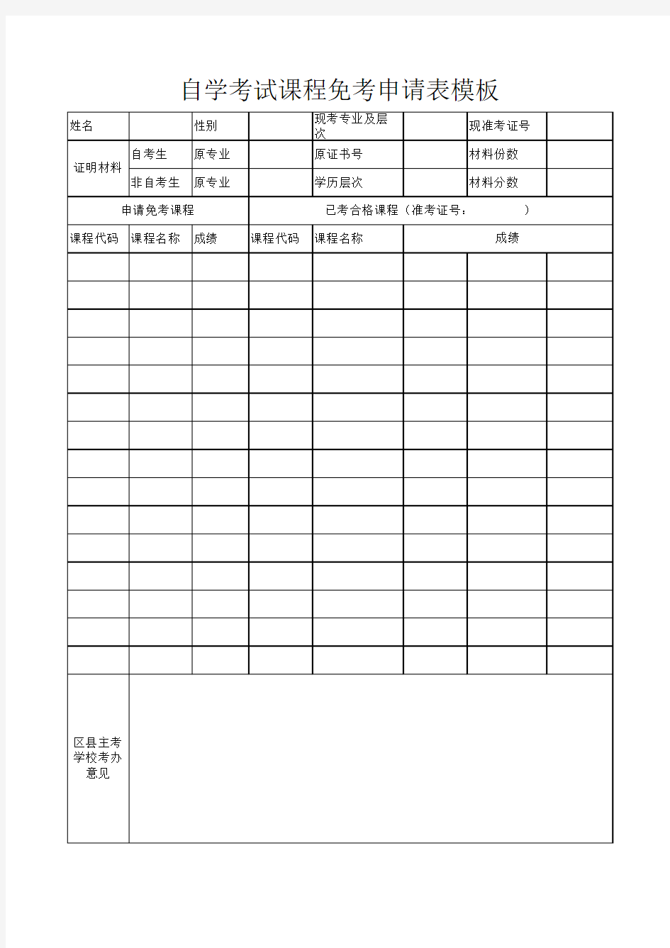 自学考试课程免考申请表模板